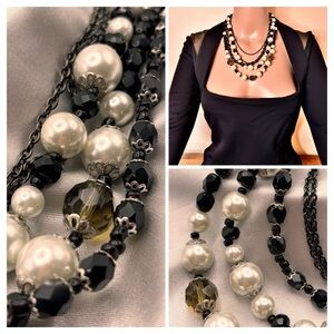 Designer Inspired Glamorous Layered Pearl & Black Bead Statement Necklace